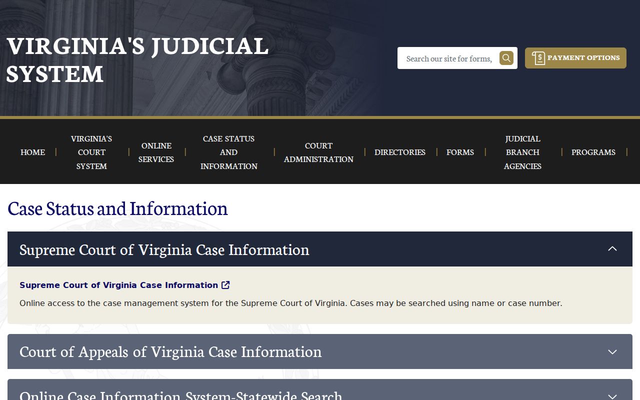 New Kent County court record systems on the Virginia case information page