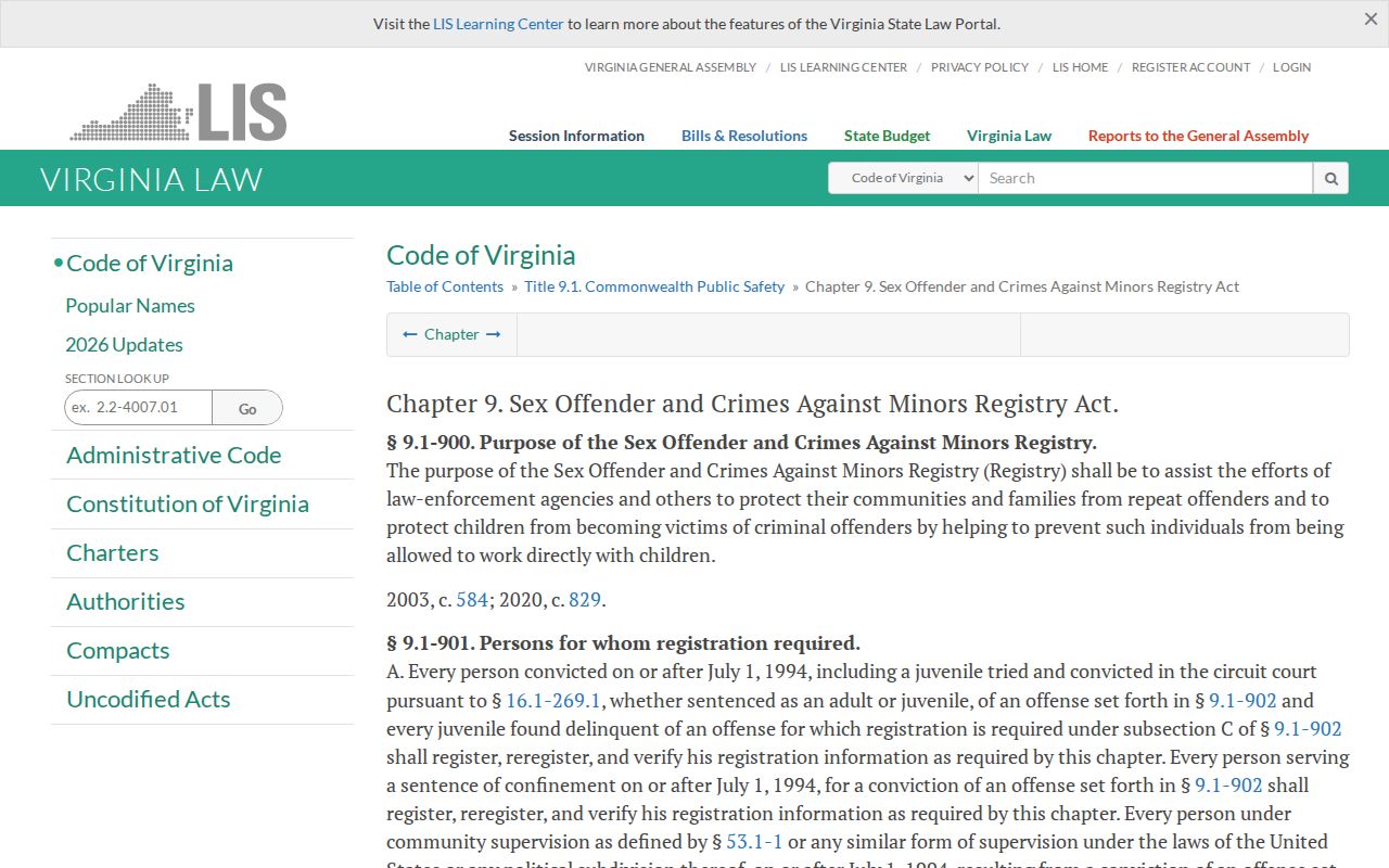 Virginia registry laws used in a New Kent County sex offender search
